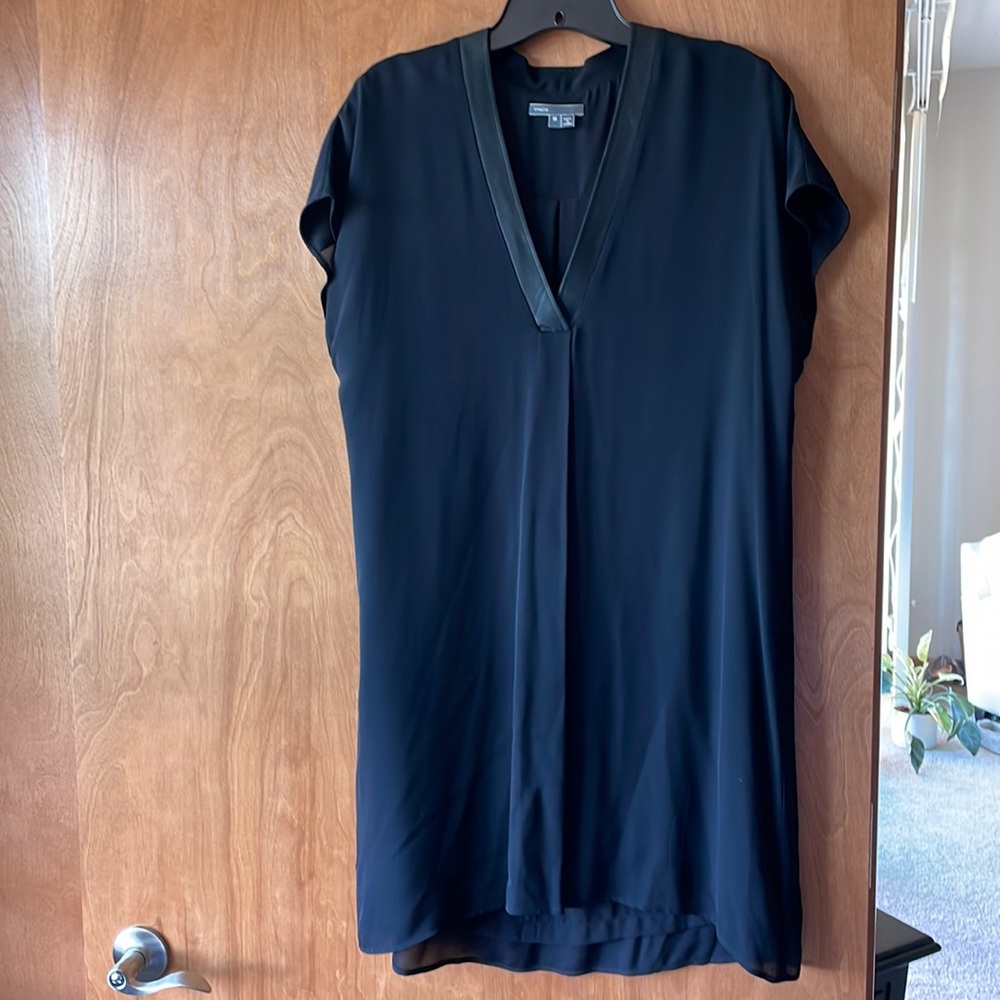 Vince Leather Trimmed Silk Shift Dress, black high low dress NWOT